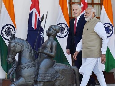 Prime Minister Narendra Modi with his Australian counterpart Malcolm Turnbull before their delegation level meeting at Hyderabad House in New Delhi on Monday. PTI