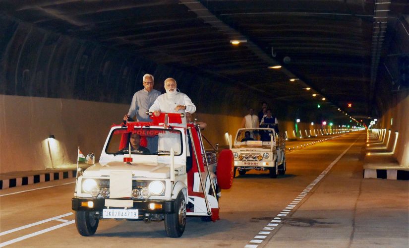 Narendra Modi taking tour of the Chenani-Nashri Tunnel after its inauguration on Sunday. Also seen Governor NN Vohra. PTI
