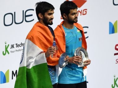 B Sai Praneeth (right) poses with Kidambi Srikanth after their men's singles final. AFP