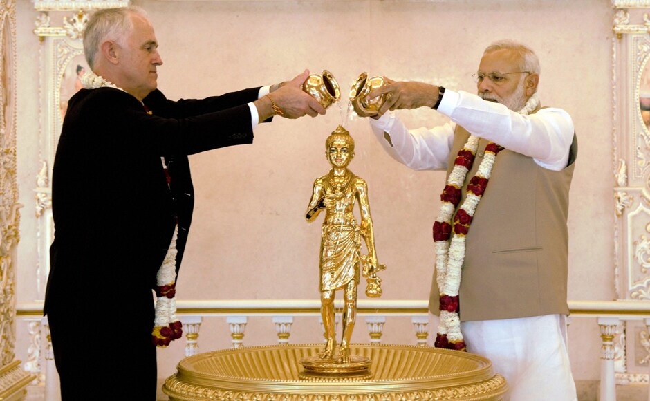 Prime Minister Narendra Modi and his Australian counterpart Malcolm Turnbull also took some time off their political schedule to visit the Akshardham Temple in New Delhi on Monday. PTI Prime Minister Narendra Modi and his Australian counterpart Malcolm Turnbull also took some time off their political schedule to visit the Akshardham Temple in New Delhi on Monday. PTI