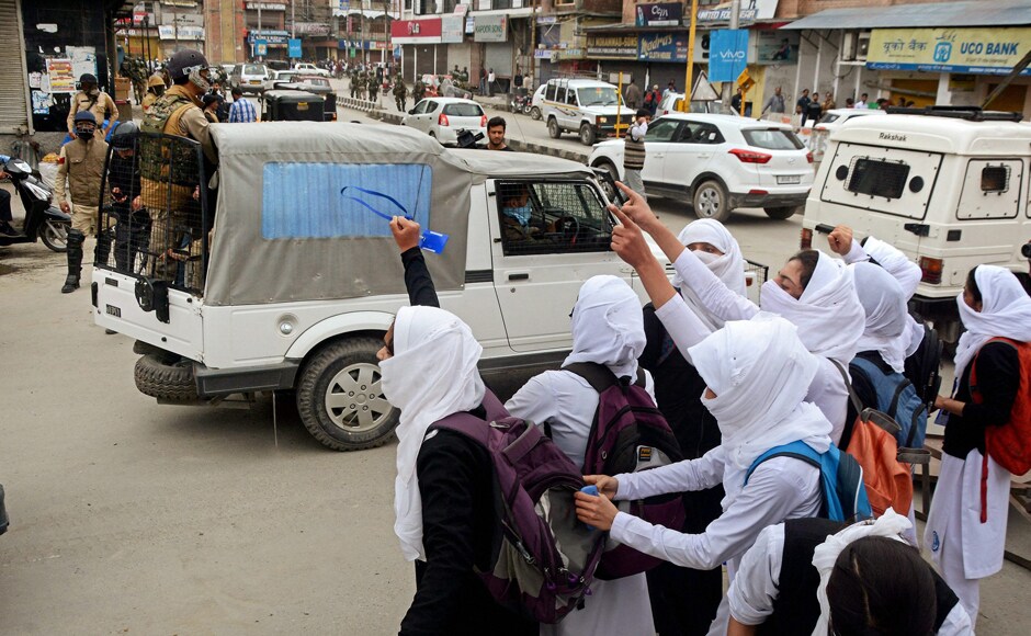 As colleges and universities opened on Monday after a week in the Kashmir Valley, Kashmiri youth clashed with security forces and resorted to stone pelting as students staged protests against alleged high-handedness by security forces at Pulwama Degree College recently. PTI As colleges and universities opened on Monday after a week in the Kashmir Valley, Kashmiri youth clashed with security forces and resorted to stone pelting as students staged protests against alleged high-handedness by security forces at Pulwama Degree College recently. PTI