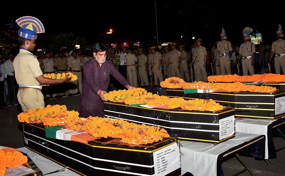 Union Minister of State Ramkripal Yadav pays tributes to slain CRPF jawans at Patna airport on Tuesday. 25 CRPF jawans were killed in a Maoist attack in Chhattisgarh's Sukma district on Monday. PTI Union Minister of State Ramkripal Yadav pays tributes to slain CRPF jawans at Patna airport on Tuesday. 25 CRPF jawans were killed in a Maoist attack in Chhattisgarh's Sukma district on Monday. PTI