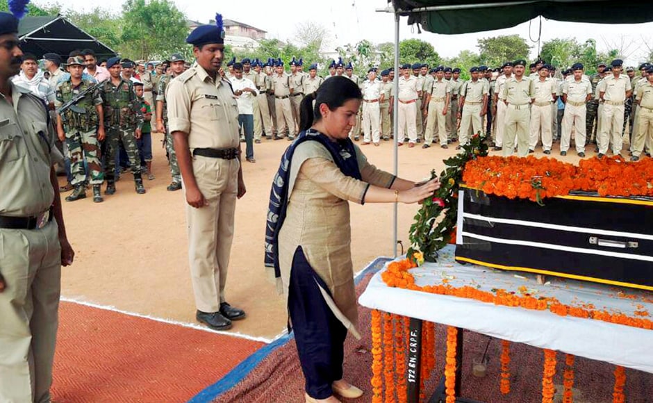 District Magistrate Neha Arora pays floral tribute to CRPF jawan Ashish Kumar Singh who was killed in Monday’s Maoist attack in Chattisgarh’s Sukma district, in Garhwa of Jharkhand on Tuesday. PTI District Magistrate Neha Arora pays floral tribute to CRPF jawan Ashish Kumar Singh who was killed in Monday’s Maoist attack in Chattisgarh’s Sukma district, in Garhwa of Jharkhand on Tuesday. PTI