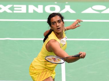 India's PV Sindhu plays a return in her match. AFP