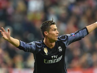 Real Madrid's Cristiano Ronaldo reacts after scoring against Bayern Munich. AFP