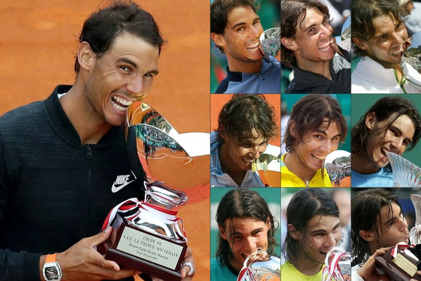 Rafael Nadal celebrating with the trophy after each of his Monte Carlo Masters title wins. AFP