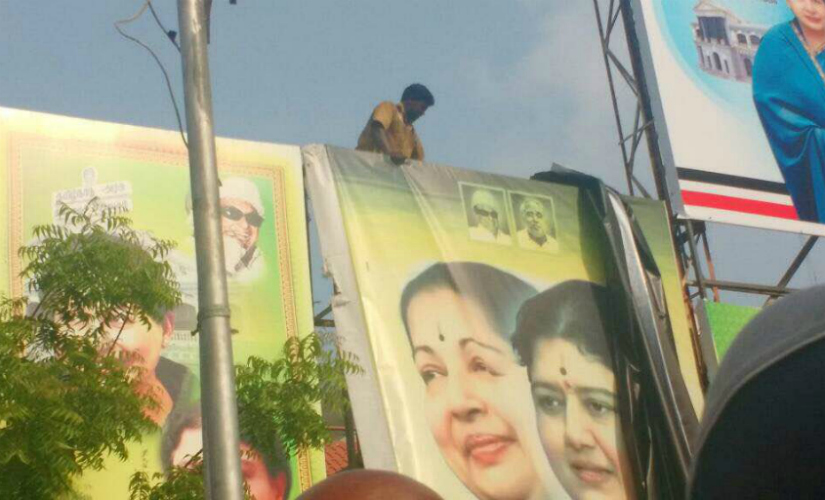 AIADMK merger: VK Sasikala banners removed from party headquarters in Chennai AIADMK merger: VK Sasikala banners removed from party headquarters in Chennai