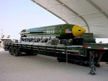 This undated photo provided by Eglin Air Force Base shows a GBU-43B, or massive ordnance air blast weapon, the US military's largest non-nuclear bomb, which contains 11 tons of explosives. AP
