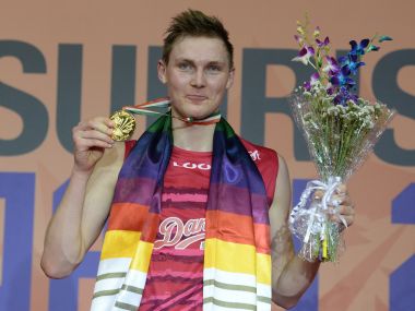 Denmark's Viktor Axelsen with his gold medal after winning the men's singles final match at India Open. AFP
