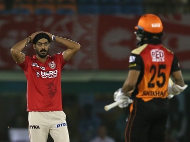 Anureet Singh of Kings XI Punjab reacts after Shikhar Dhawan scores a boundary. Sportzpics/IPL