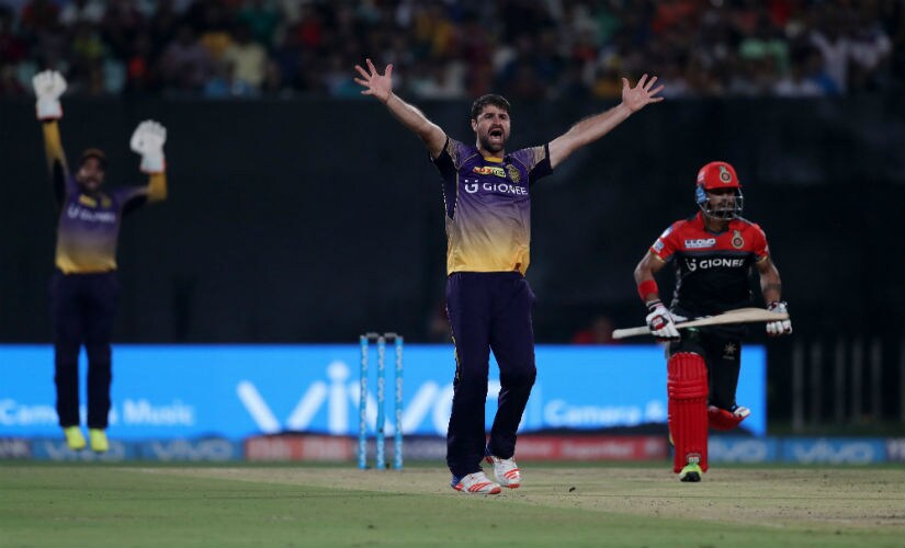 KKR's Colin de Grandhomme appeals against RCB's Pawan Negi at the Eden Gardens on Sunday. SportzPics