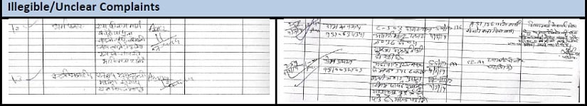 Snapshot of illegible/unclear complaints registered at the central control room, Municipal Corporation of Delhi. Image procured by author