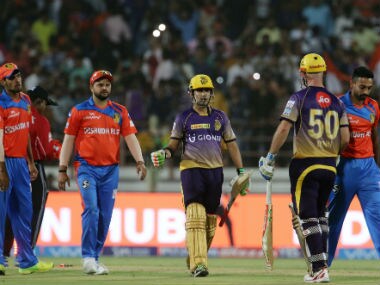 KKR's Gautam Gambhir and Chris Lynn celebrate the win over Gujarat Lions in IPL 2017. Sportszpics