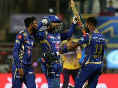 Mumbai Indians players celebrate the sensational victory over KKR. Sportzpics