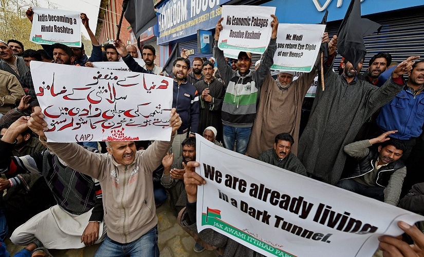 Supporters of the Awami Ittehad Party (AIP) protesting against the visit of Prime Minister Narendra to Jammu and Kashmir. PTI