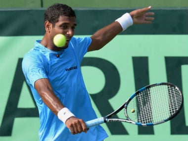India's Ramkumar Ramanathan in action in the Davis Cup Asia Oceania group tie against Uzbekistan. AFP