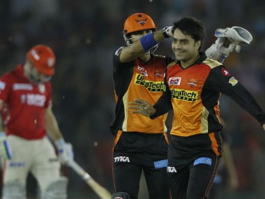 Rashid Khan of SRH celebrates the wicket of Eoin Morgan of Kings XI Punjab. Sportzpics