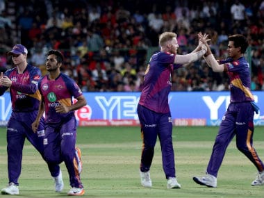 RPS players celebrate the wicket of RCB captain Virat Kohli in Match 17 of IPL. Sportzpics