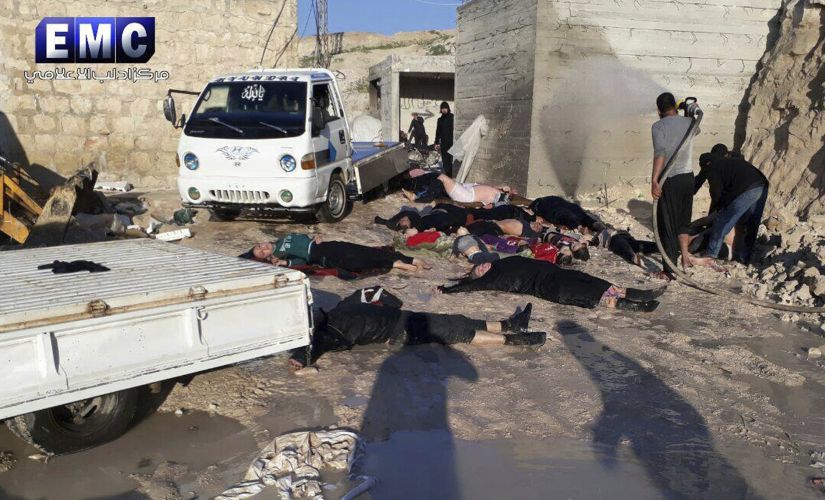 This photo provided by the Syrian anti-government activist group Edlib Media Center on Tuesday, shows victims of a suspected chemical attack, in the town of Khan Sheikhoun, northern Idlib province, Syria. AP