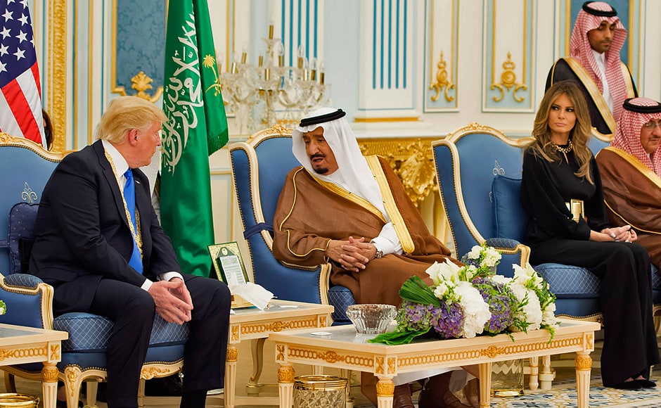 Trump and US first lady Melania Trump were greeted by King Salman as they disembarked at King Khalid International Airport in Riyadh on Saturday morning. AFP Trump and US first lady Melania Trump were greeted by King Salman as they disembarked at King Khalid International Airport in Riyadh on Saturday morning. AFP