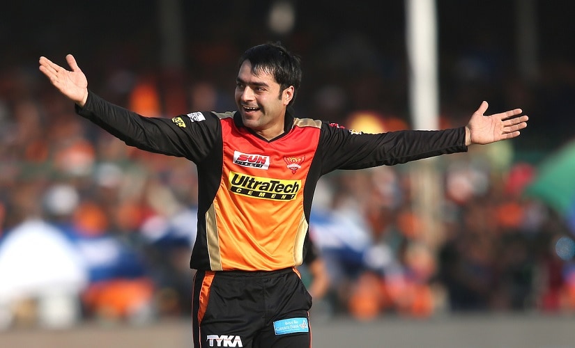Rashid Khan Arman of the Sunrisers Hyderabad celebrates getting Dinesh Karthik of the Gujarat Lions wicket during match 53 of the Vivo 2017 Indian Premier League between the Gujarat Lions and the Sunrisers Hyderabad held at the Green Park Stadium in Kanpur, India on the 13th May 2017 Photo by Shaun Roy - Sportzpics - IPL