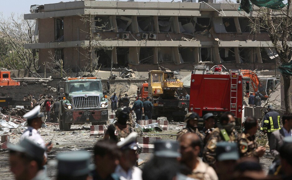 Bodies littered the scene and a towering plume of smoke rose from the area, which houses foreign embassies. Security forces are seen in front of the German Embassy after the suicide car bombing in Kabul. AP Bodies littered the scene and a towering plume of smoke rose from the area, which houses foreign embassies. Security forces are seen in front of the German Embassy after the suicide car bombing in Kabul. AP