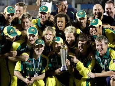Australian cricketers pose with the 2006 ICC Champions Trophy. AFP