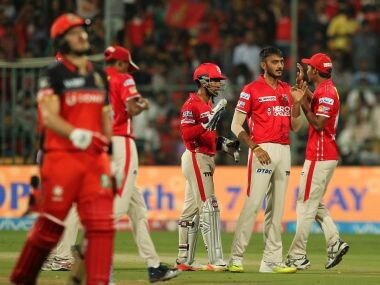 Kings XI Punjab players congratulate Axar Patel after he got rid of Shane Watson. Sportzpics/IPL