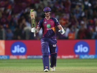 Ben Stokes of Rising Pune Supergiant celebrates his century. Sportzpics