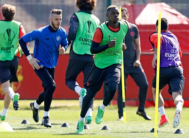 Manchester United's Paul Pogba and David De Gea, during the training session at the team's training complex. AP