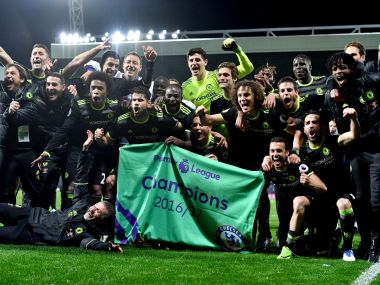 Chelsea players celebrate winning the English Premier League title at The Hawthorns Stadium on Friday. AFP