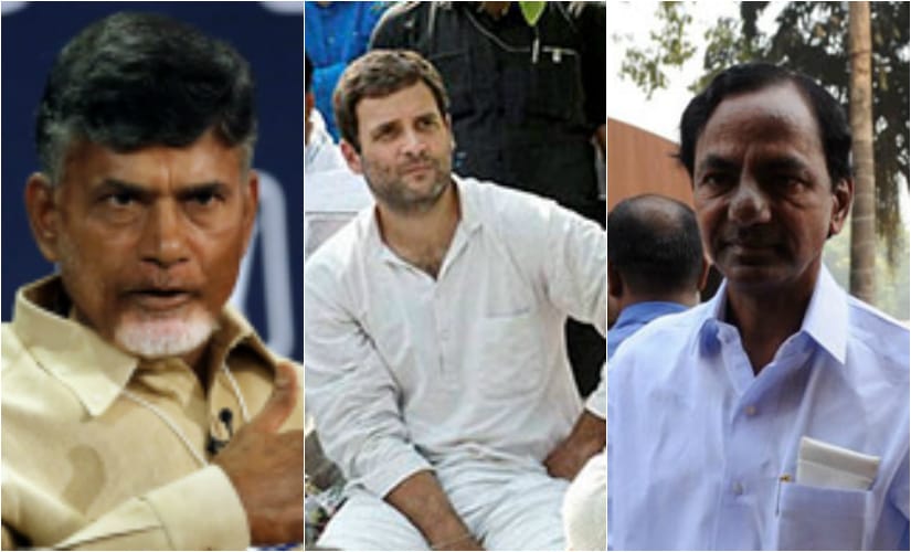(L-R) File images of Chandrababu Naidu, Rahul Gandhi and K Chandrasekhar Rao. PTI and AFP