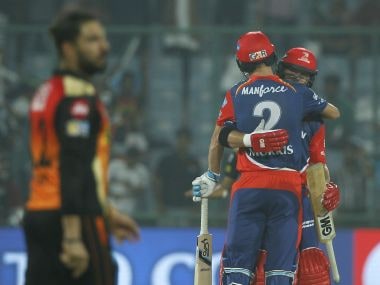 Corey Anderson and Chris Morris of the Delhi Daredevils celebrate their win. Sportzpics