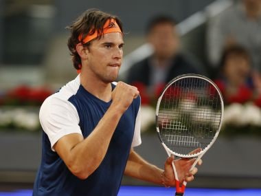 Dominic Thiem celebrates after winning a point against Pablo Cuevas during their semi-final. AP