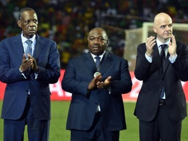 CAF president Issa Hayatou (L), Gabonese President Ali Bongo Ondimba and Fifa president Gianni Infantino (R). AFP