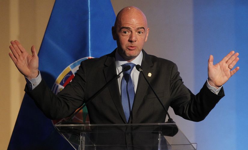 FIFA president Gianni Infantino gives a speech. AFP