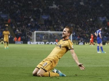 Tottenham Hotspur's Harry Kane celebrates after scoring his third goal against Leicester on Thursday. AFP