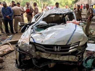 The car in a mangled state in Delhi. PTI