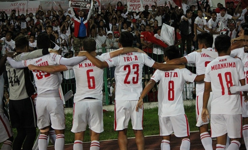 Aizawl players celebrate their I-League title with their supporters on Sunday. Image courtesy: AIFF media