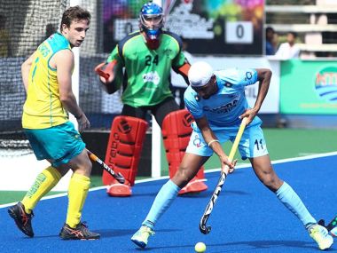 India in action against Australia at the Sultan Azlan Shah Cup. Image courtesy: Twitter/@HockeyIndia