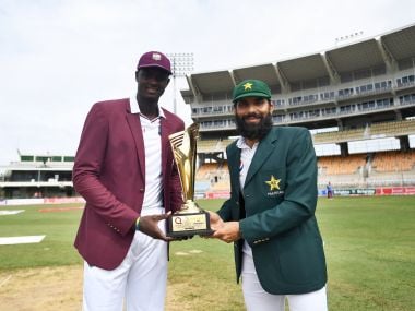 West Indies captain Jason Holder (L) with Pakistan skipper Misbah-ul-Haq. AFP
