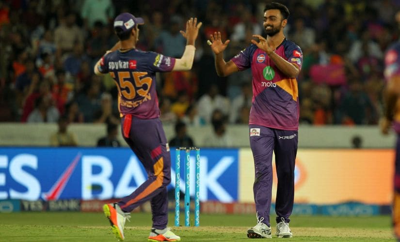 Jaydev Unadkat of Rising Pune Supergiant celebrates wicket of Yuvraj Singh of Sunrisers Hyderabad. Sportzpics