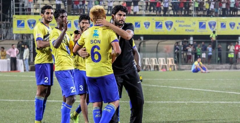 Khalid Jamil congratulates his Mumbai FC players after their 2-0 win over Bengaluru FC in the 2016 I-League. Image Courtesy: Mumbai FC