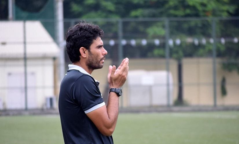Khalid Jamil offering prayers during a Mumbai League game between his Mumbai FC side and Central Bank of India in 2016. Image Courtesy: Mumbai FC