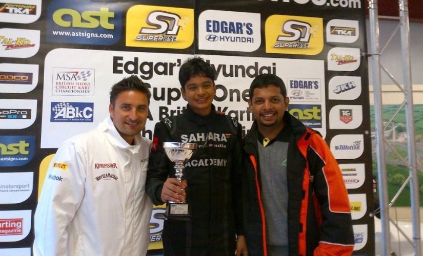 Arjun Maini (centre) with Michael Knaggs and Kunal Shah (right) after the 2012 British Karting Championship in Rowrah. Image courtesy: Kunal Shah