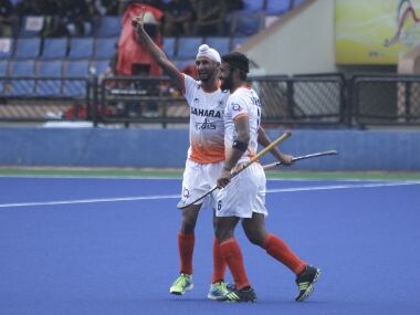 India's Mandeep Singh (left) celebrates after scoring. IMage courtesy: Hockey India