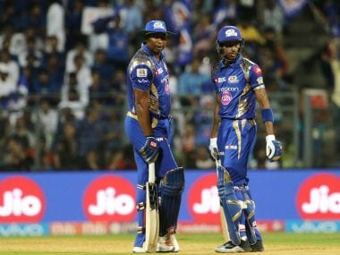 Kieron Pollard and Hardik Pandya of Mumbai Indians during the match against Kings XI Punjab. Sportzpics/IPL
