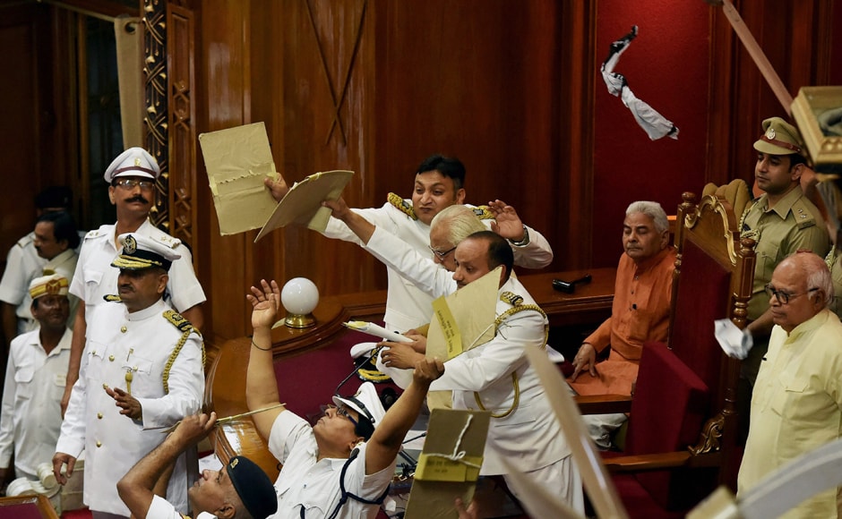 The first assembly session of Yogi Adityanath's government was disrupted by MLAs from Samajwadi Party and Bahujan Samaj Party who were protesting over alleged breakdown in the law and order situation in the state. <em>PTI</em> The first assembly session of Yogi Adityanath's government was disrupted by MLAs from Samajwadi Party and Bahujan Samaj Party who were protesting over alleged breakdown in the law and order situation in the state. <em>PTI</em>