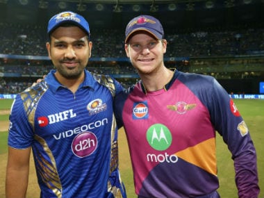 Mumbai Indians captain Rohit Sharma (L) with his Rising Pune Supergiant counterpart Steve Smith during a league match at the Wankhede. Sportzpics