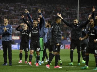 Real Madrid's players celebrate making the Champions League final. AFP